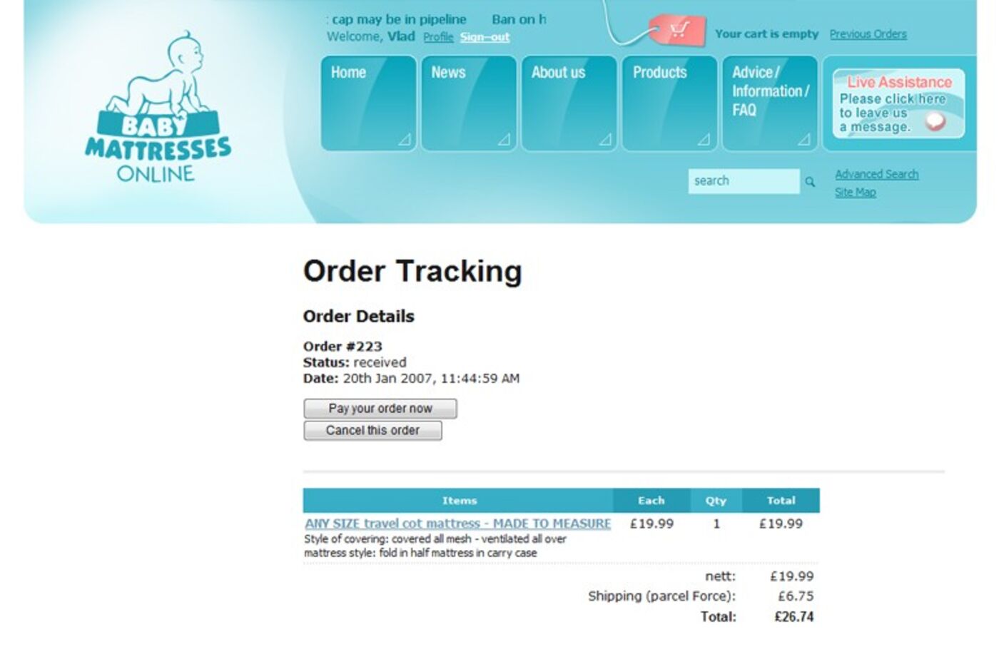 Baby Mattresses Online (2006) Order tracking