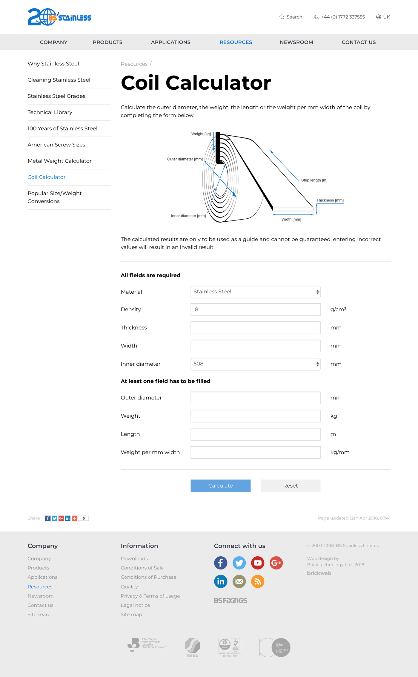 BS Stainless Coil Calculator