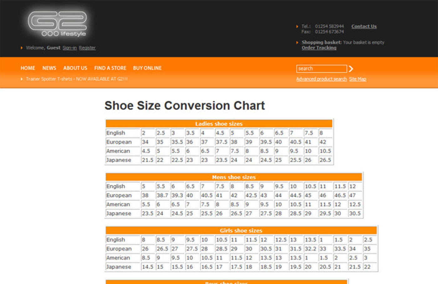G2 Lifestyle Shoe Size Conversion Chart