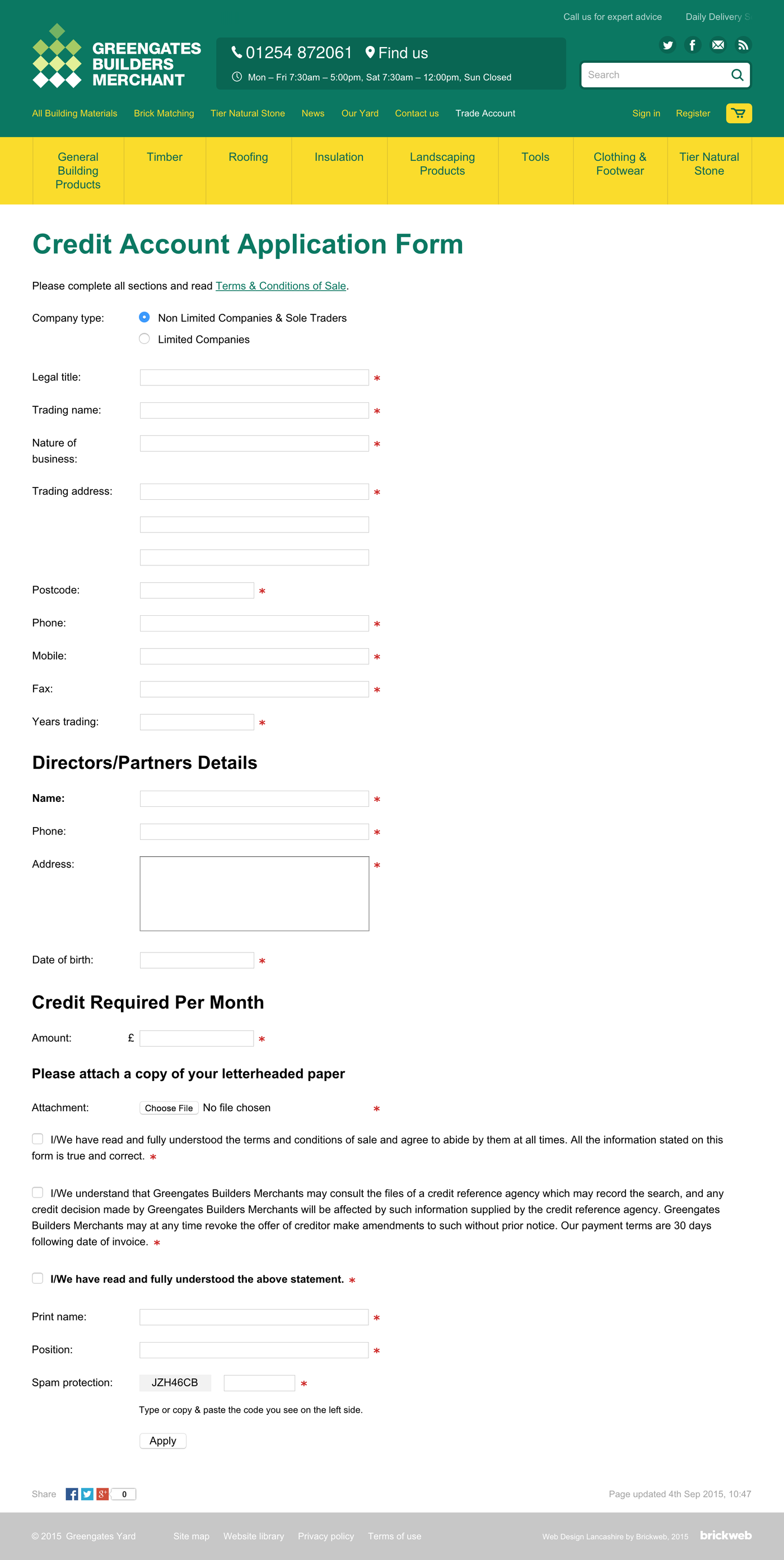 Greengates Builders Merchants (2015) Application Form