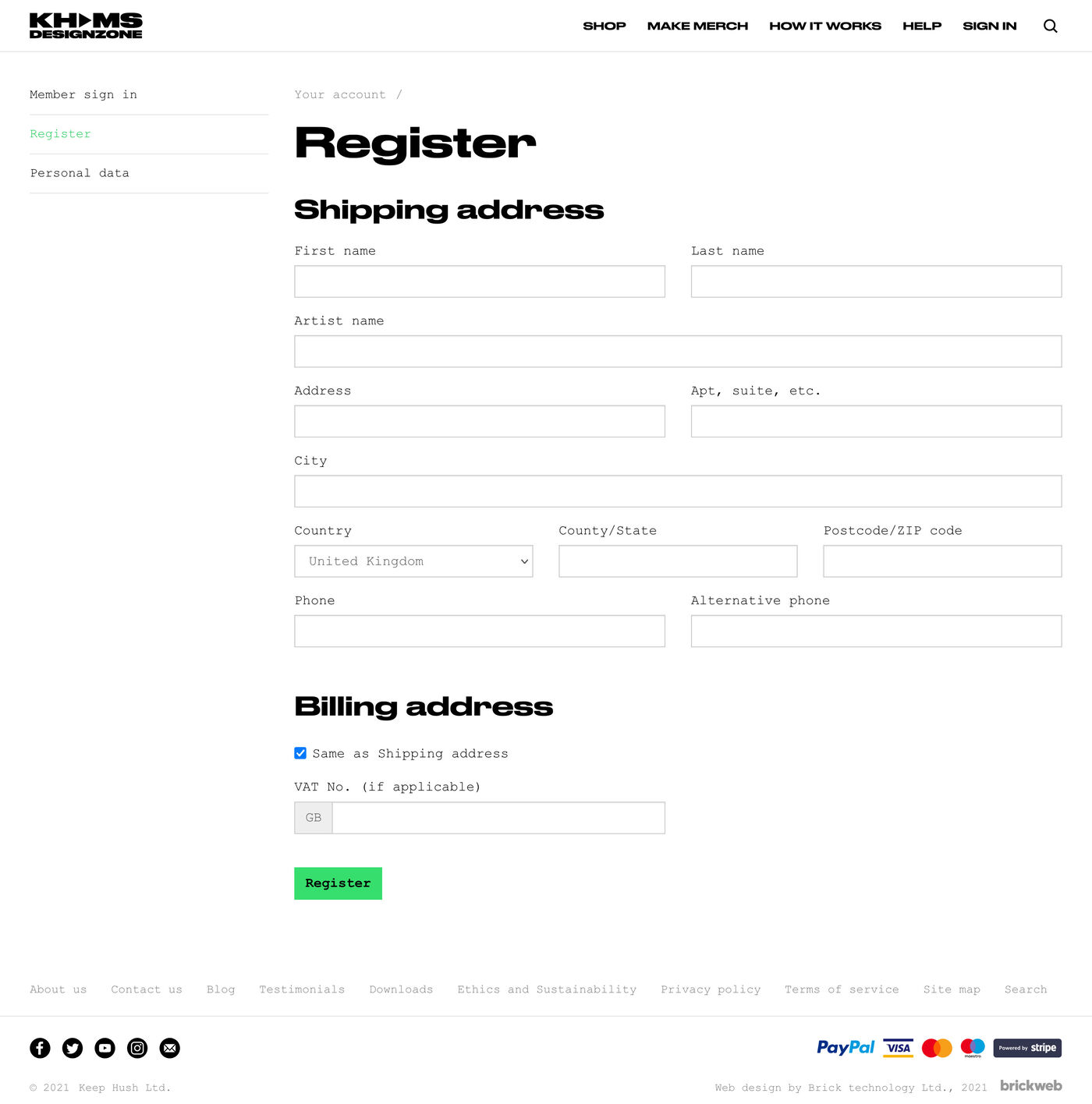 Keep Hush Merch Service DesignZone Register forme