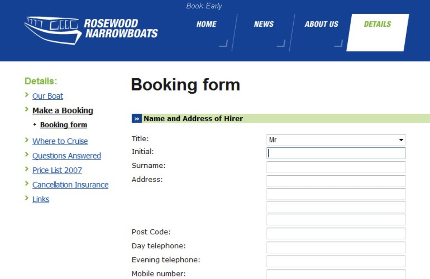 Rosewood Narrowboats Booking form