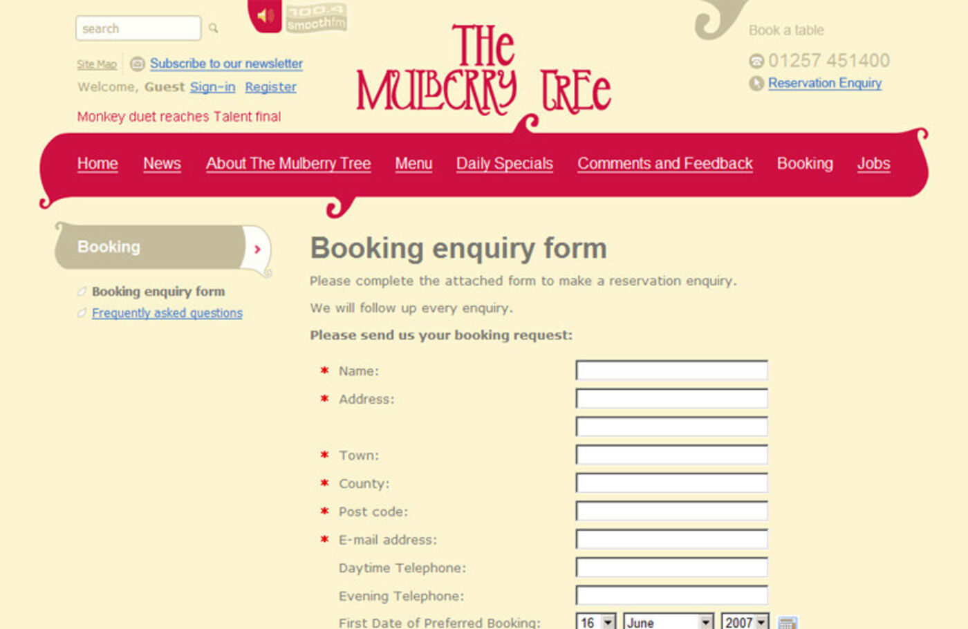 The Mulberry Tree Booking enquiry form